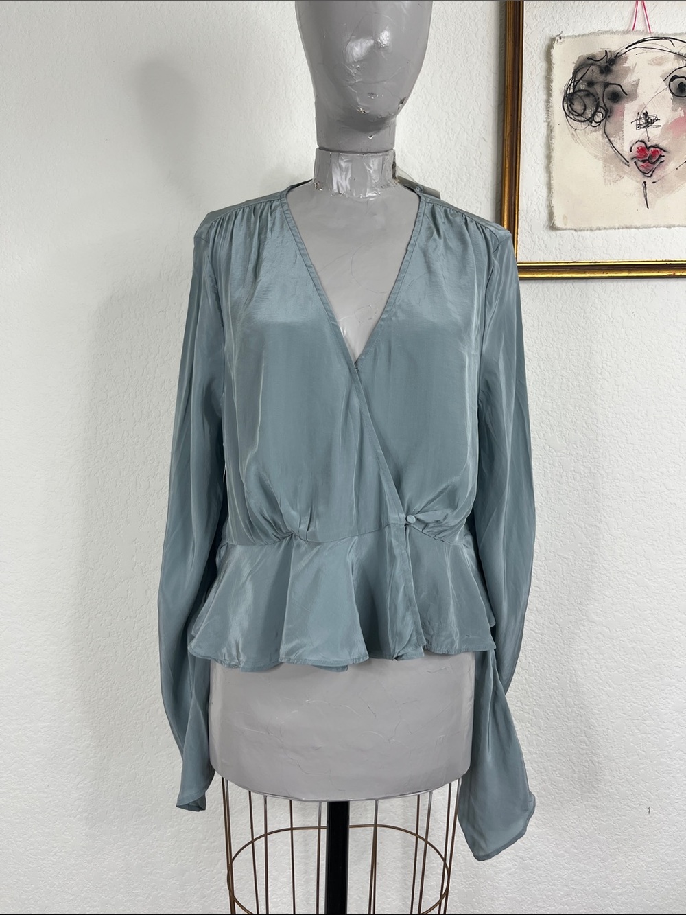 Madewell Bell Sleeve Wrap Top Silky in Faded River Cross Over